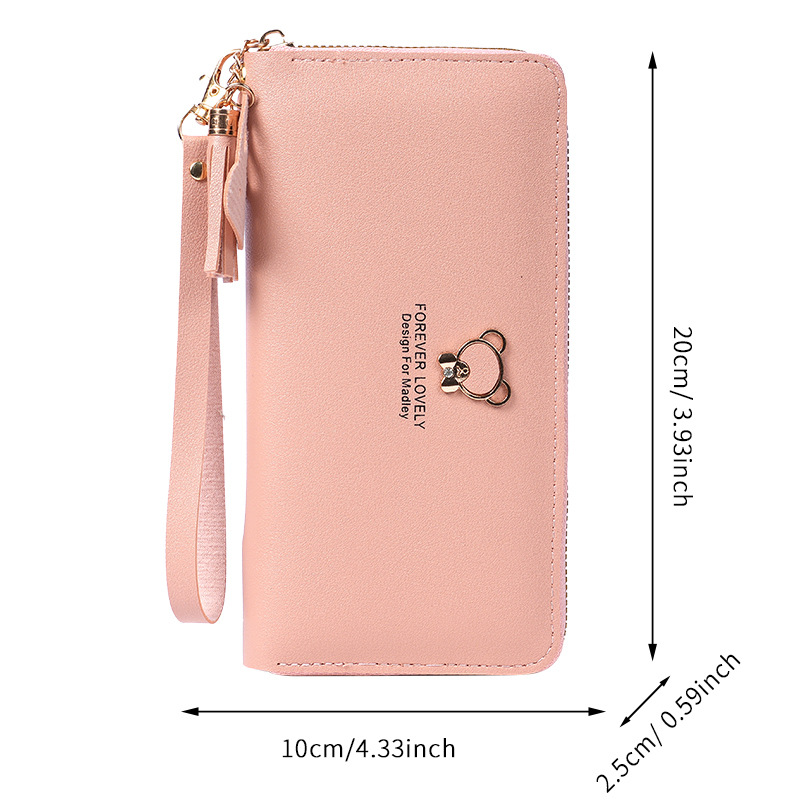 Women's wallets:Bear Tassel Long Zipper Wallet, Multi-Function Card Holder Phone Purse