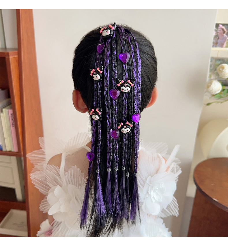 Kuromi Cute Braided Hair Tie，Kuromi Cartoon Hair Tie for Kids, Cute Braided Ponytail Holder Elastic Hair Band for Girls