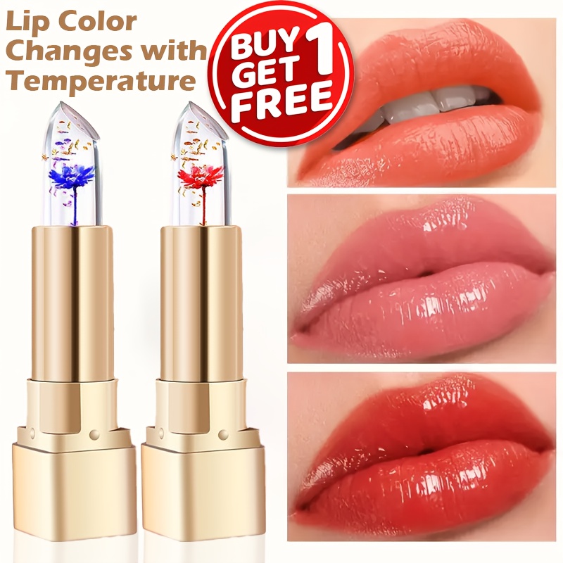 Pack of 2 Crystal Flower Jelly Lipstick, Color-Changing Lipstick, Long-Lasting Nourishing Lip Balm, Moisturizing Magic Temperature Color-Change Lip Gloss