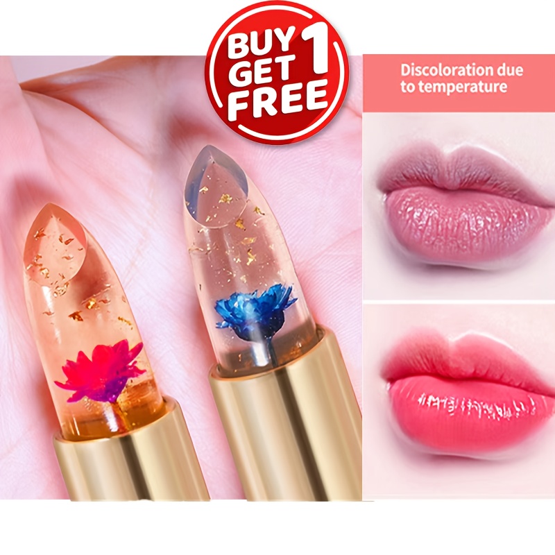 Pack of 2 Crystal Flower Jelly Lipstick, Color-Changing Lipstick, Long-Lasting Nourishing Lip Balm, Moisturizing Magic Temperature Color-Change Lip Gloss