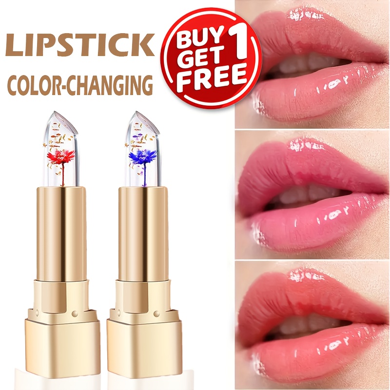 Pack of 2 Crystal Flower Jelly Lipstick, Color-Changing Lipstick, Long-Lasting Nourishing Lip Balm, Moisturizing Magic Temperature Color-Change Lip Gloss