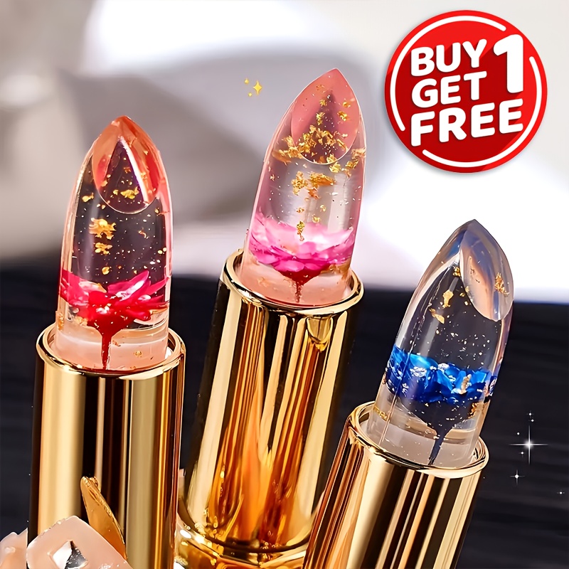 Pack of 2 Crystal Flower Jelly Lipstick, Color-Changing Lipstick, Long-Lasting Nourishing Lip Balm, Moisturizing Magic Temperature Color-Change Lip Gloss