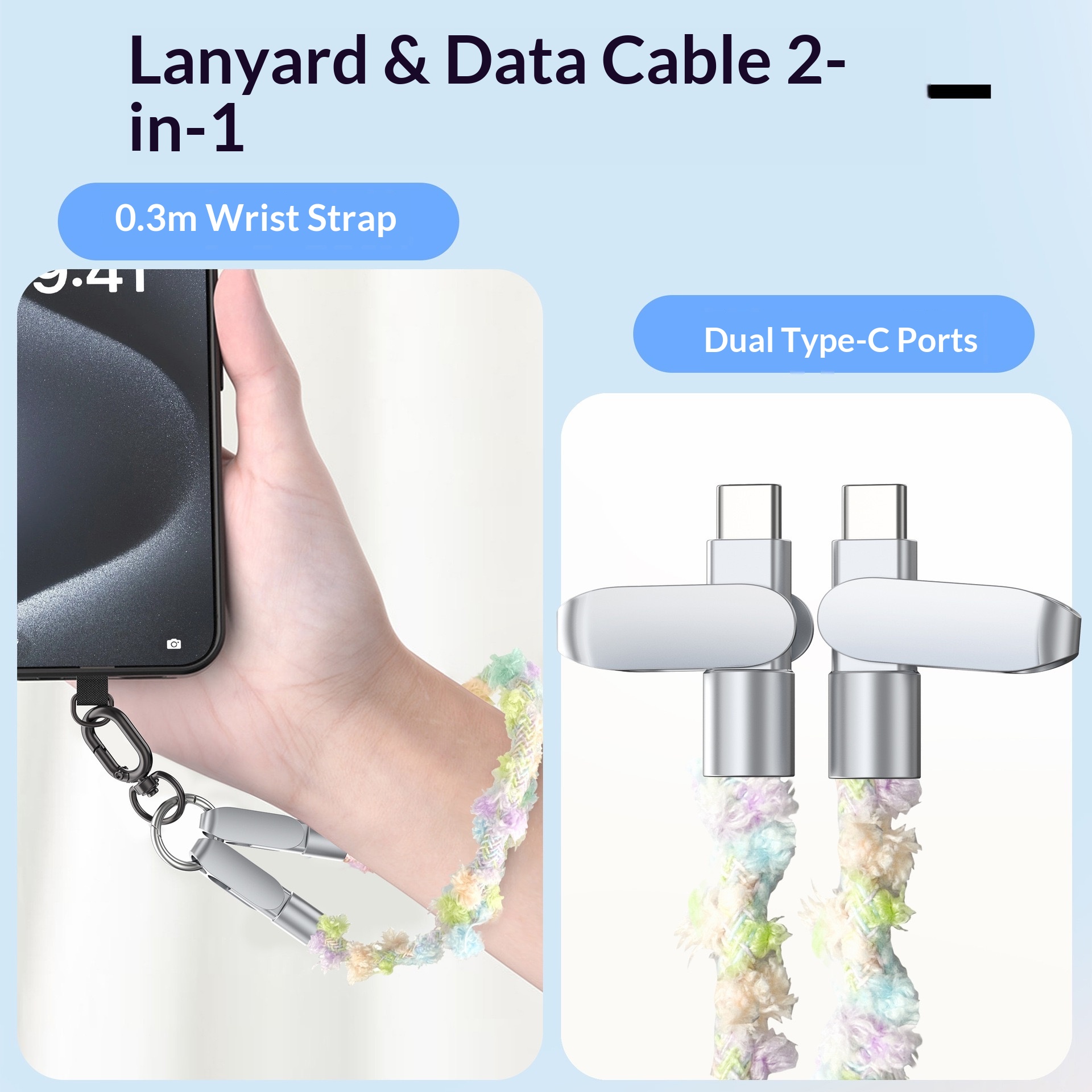 Lanyard USB Cable 2 in 1 PD Fast Charging Type-C Wrist Crossbody Phone Charger Braided Portable Data Line for Outdoor Daily Use
