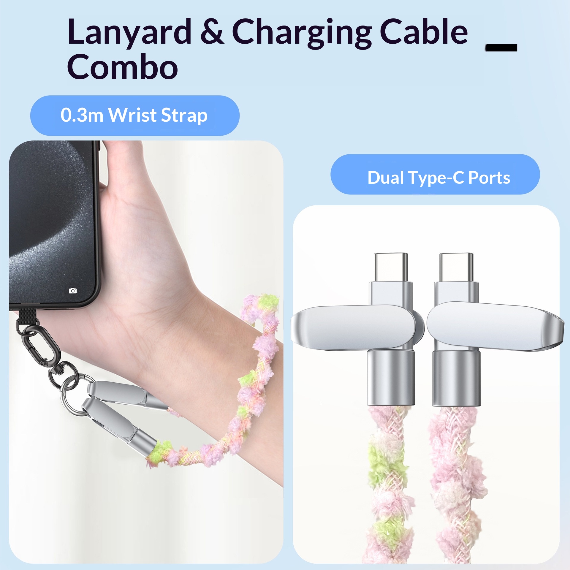 Lanyard USB Cable 2 in 1 PD Fast Charging Type-C Wrist Crossbody Phone Charger Braided Portable Data Line for Outdoor Daily Use