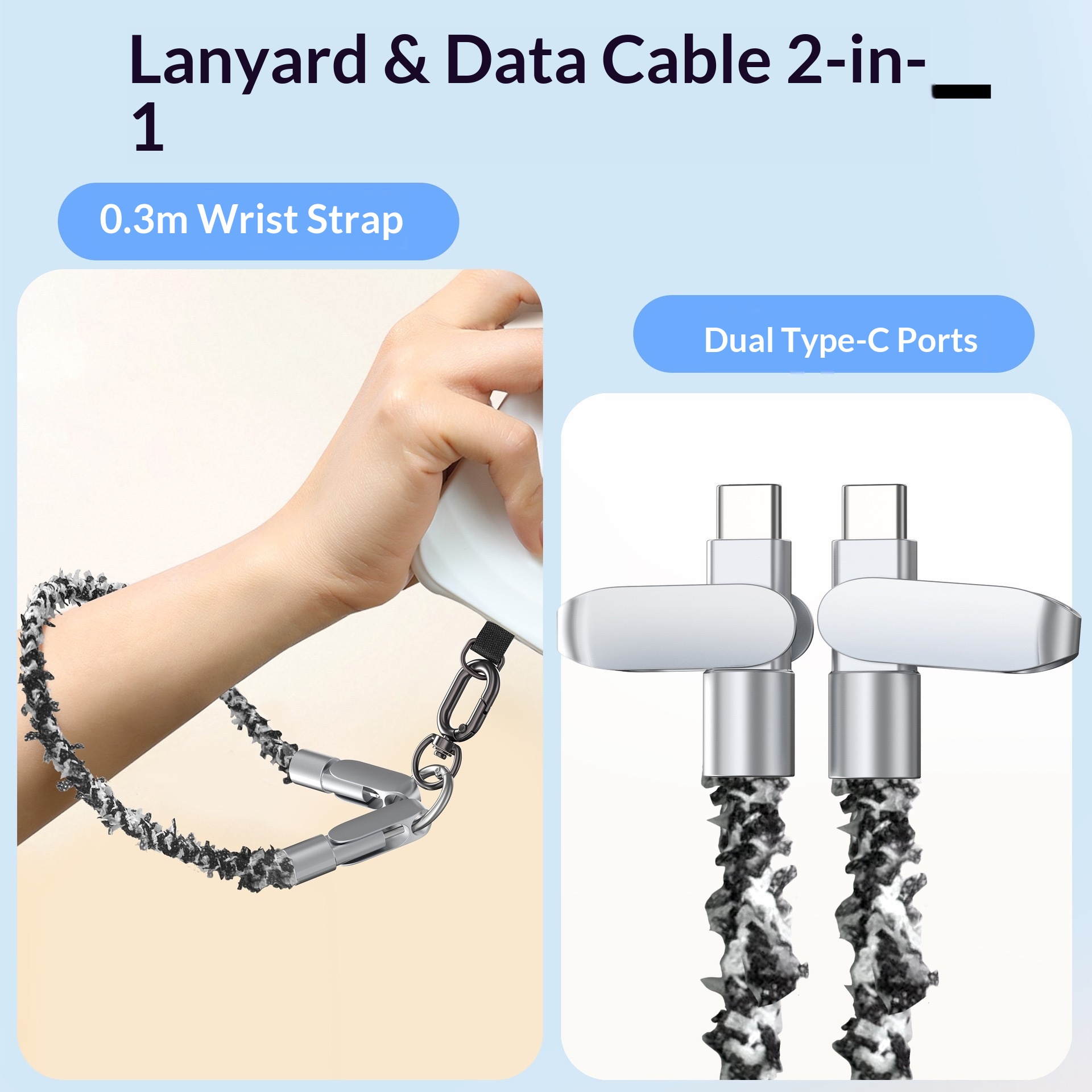 Lanyard USB Cable 2 in 1 PD Fast Charging Type-C Wrist Crossbody Phone Charger Braided Portable Data Line for Outdoor Daily Use