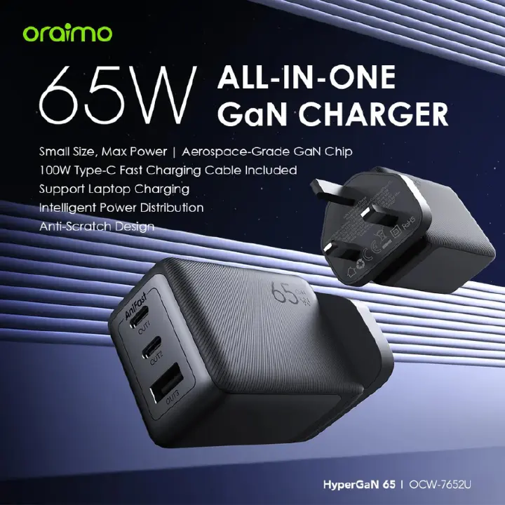 HyperGaN 65W Fast Charger Kit Provides 65W High Speed Power Delivery GaN Technology Three Port Charging for Laptops and Smartphones Including 100W Type C Cable