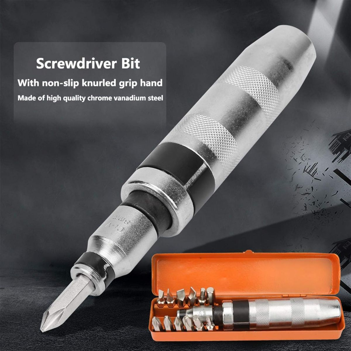 Impact Screwdriver Set, 1/2" Drive Heavy Duty Reversible Impact Driver Kit With 12 Bits For Stripped Screw Removal & Auto Repair