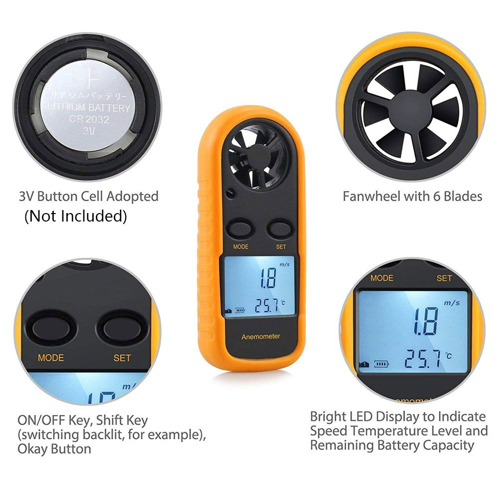 Handheld Digital Anemometer, LCD Display Wind Speed & Temperature Meter, Portable Air Flow Velocity Gauge For HVAC, Drone, Outdoor Activities