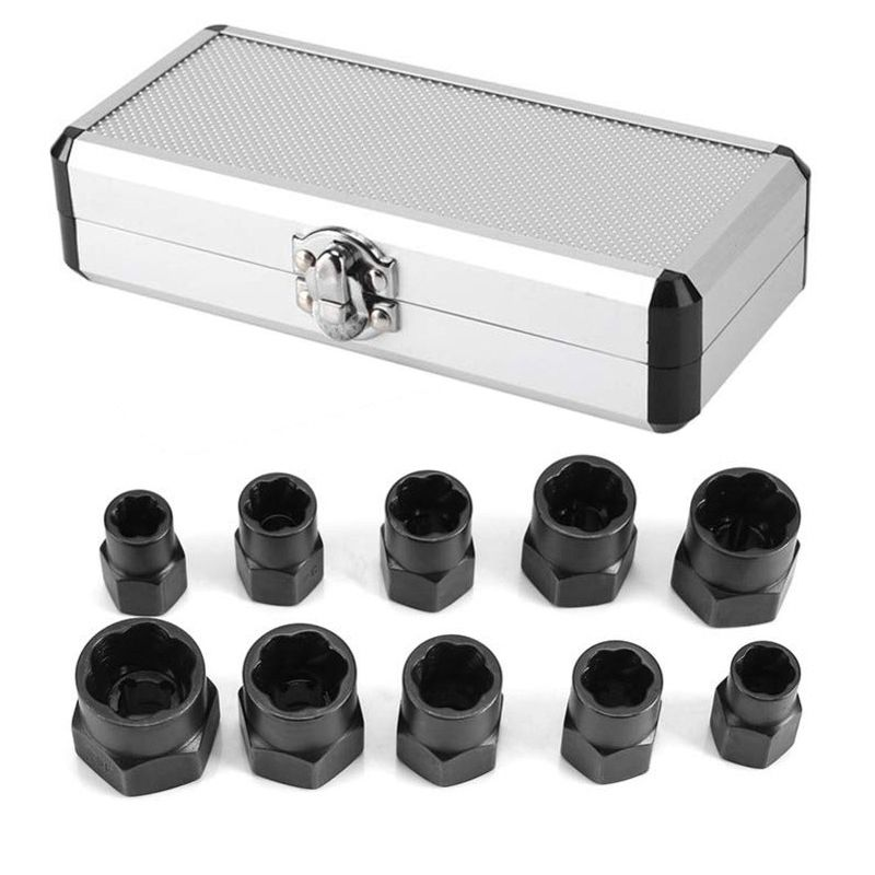 10-piece Damaged Nut Extractor Set, 10pc Stripped Screw, Bolt, and Hex Screw Removal Socket Tool