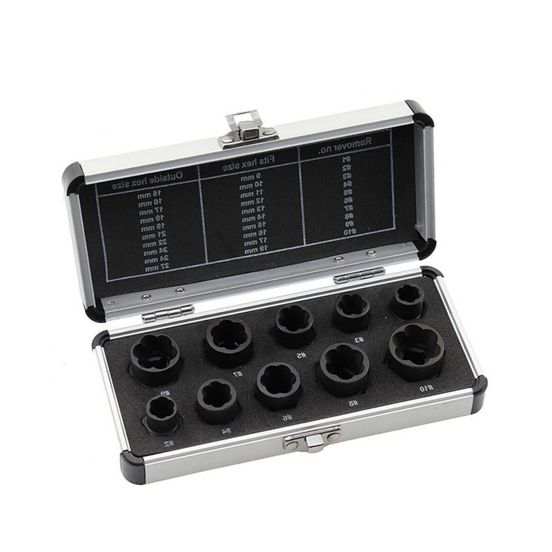 10-piece Damaged Nut Extractor Set, 10pc Stripped Screw, Bolt, and Hex Screw Removal Socket Tool