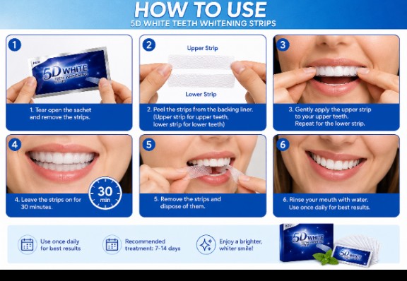 5D White Teeth Whitening Strips Kit – 20 PCS (10 Packs) Fast Stain Removal, Brightening Dental Whitener for a Whiter Smile