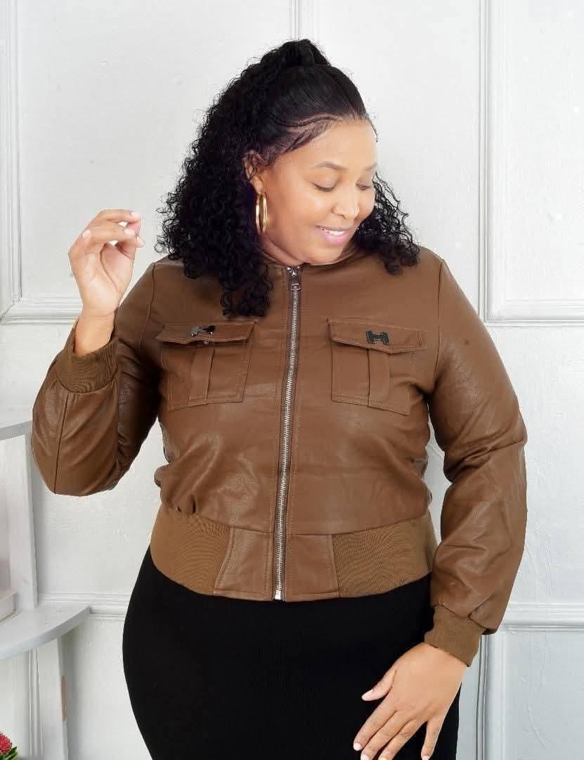 Women’s Stylish Brown Faux Leather Bomber Jacket – Zip Up Casual Fashion Jacket with Front Pockets