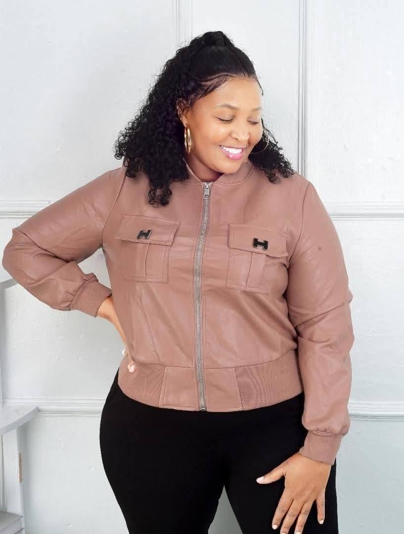 Women’s Stylish Brown Faux Leather Bomber Jacket – Zip Up Casual Fashion Jacket with Front Pockets
