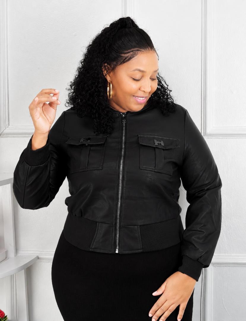 Women’s Stylish Brown Faux Leather Bomber Jacket – Zip Up Casual Fashion Jacket with Front Pockets