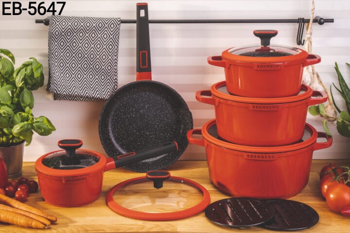 Edenberg 12-piece marble non-stick cookware set.

This 12-piece set features a marbled non-stick interior coating and is constructed from forged aluminum for durability.
The set includes three pots of