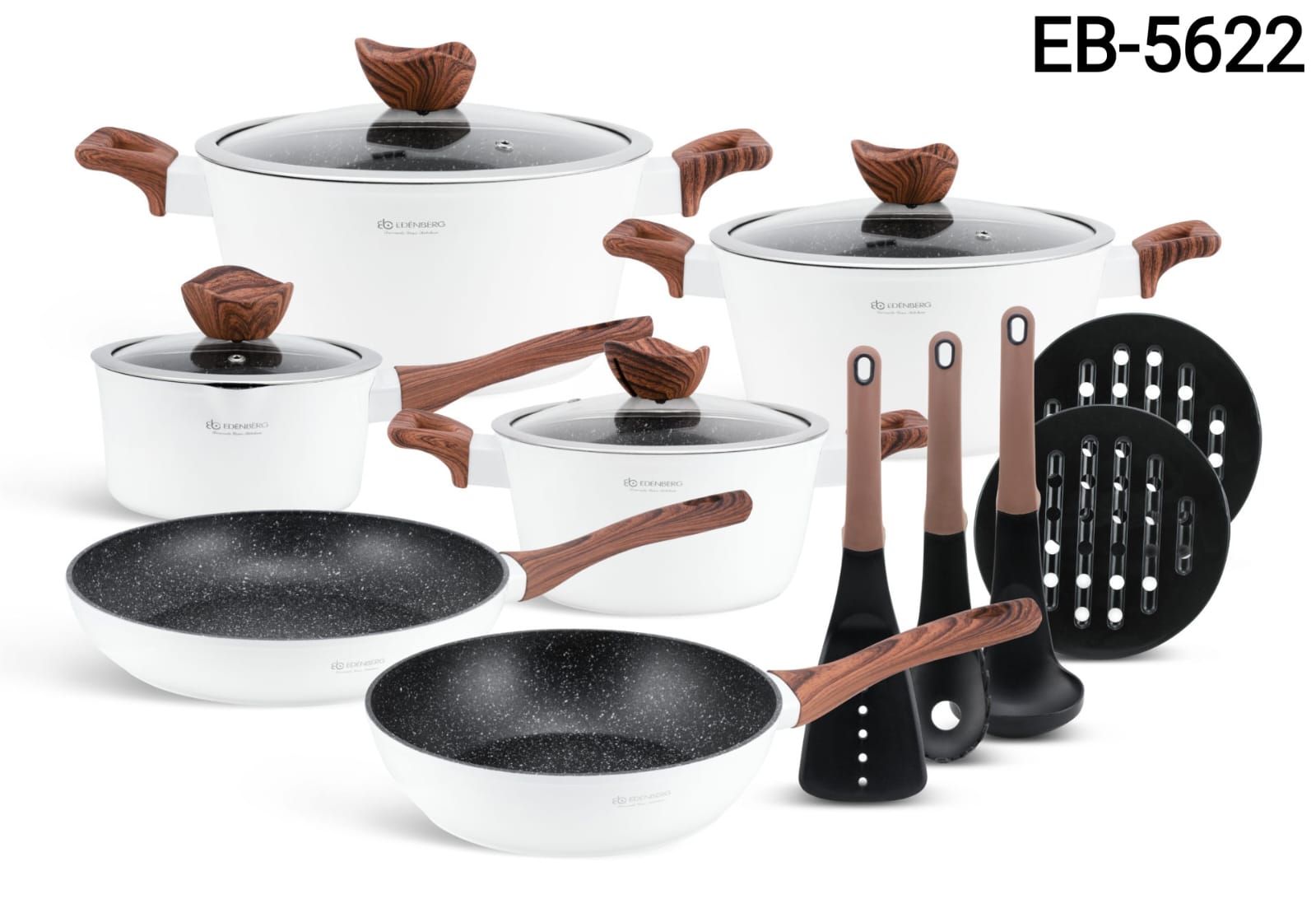 15-Piece White Edenberg Cookware Set (Wooden-Look Handles)! 🤍🍳
Designed to bring both style and functionality to your cooking space, this beautiful set features a clean white finish paired with tren