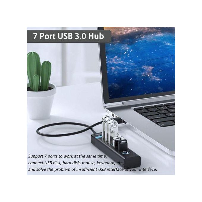 USB HUB USB Hub 3.0 - 7 Ports, Black, Super-Speed Data Transfer for Laptop, PC, MacBook, Mac Pro, Mac mini, iMac, Surface Pro and More