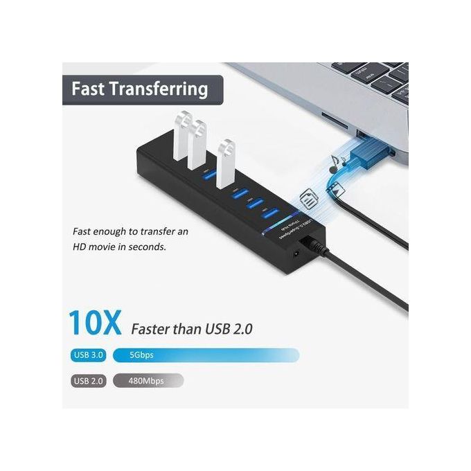 USB HUB USB Hub 3.0 - 7 Ports, Black, Super-Speed Data Transfer for Laptop, PC, MacBook, Mac Pro, Mac mini, iMac, Surface Pro and More