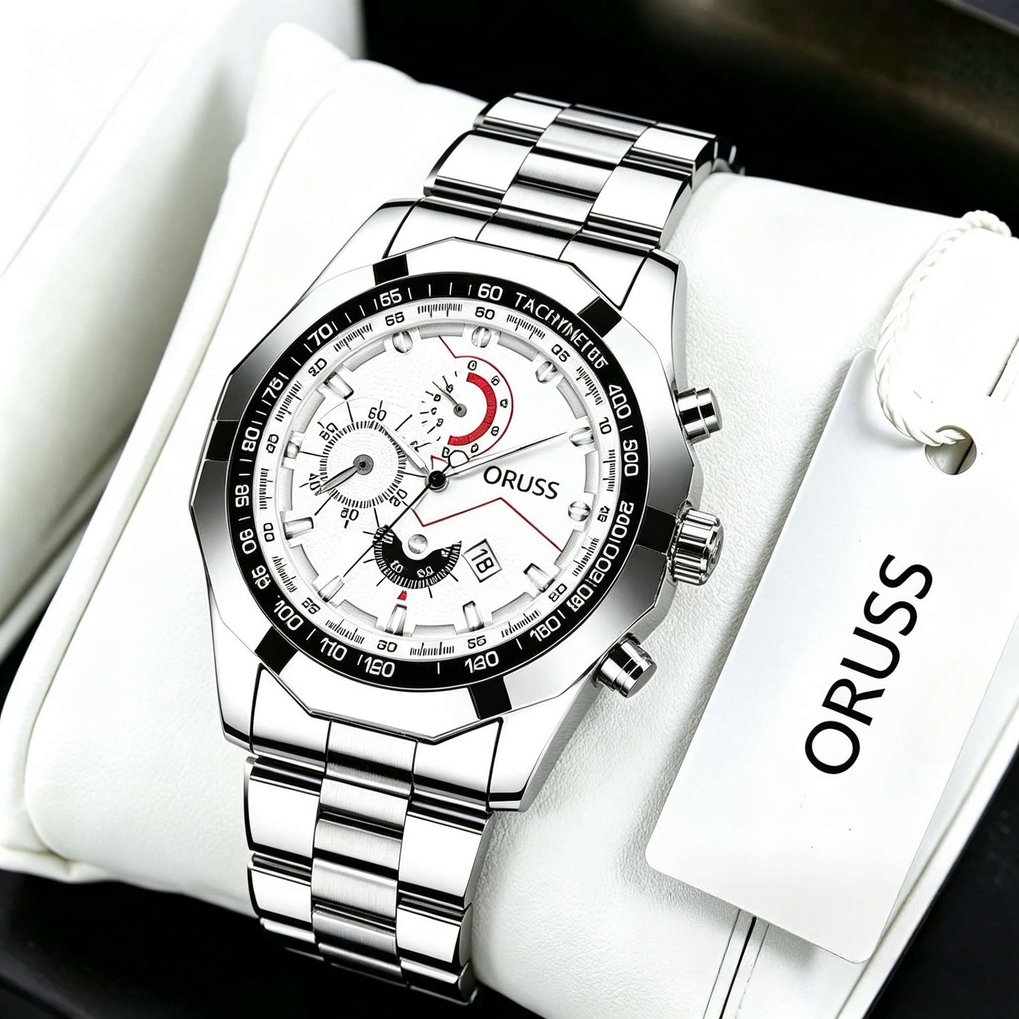ORUSS Men's Watch Multifunction Three-Eye Chronograph Watch Waterproof Business Stainless Steel Bracelet Wristwatch For Daily Wear Office Work Sports Holiday Gift