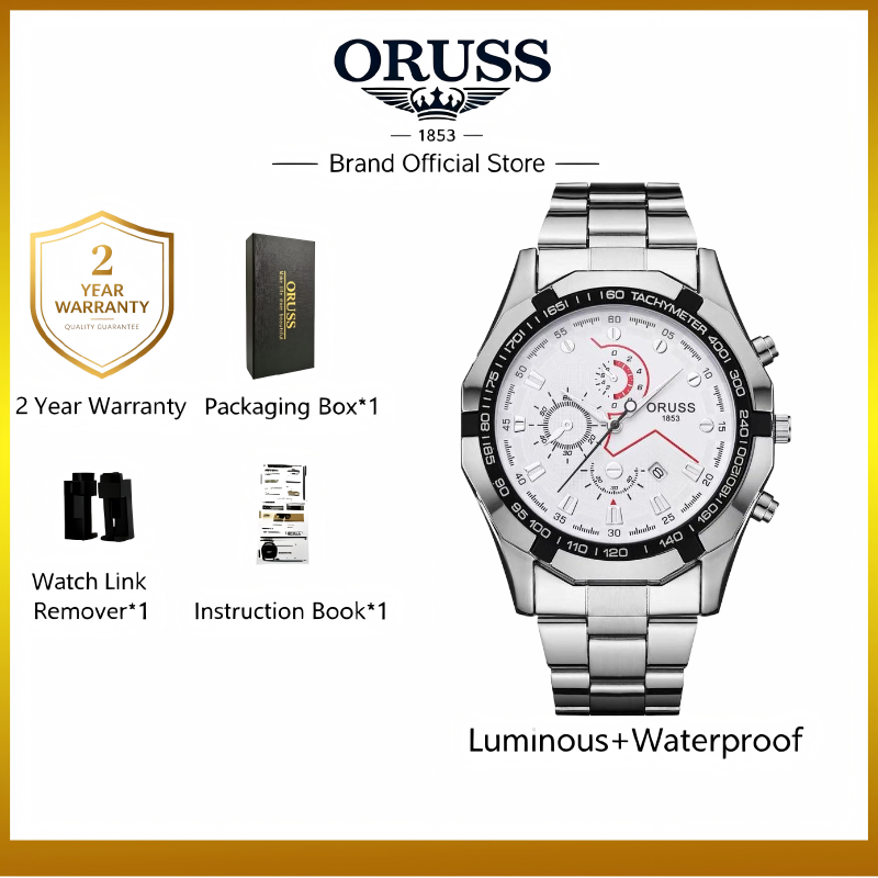 ORUSS Men's Watch Multifunction Three-Eye Chronograph Watch Waterproof Business Stainless Steel Bracelet Wristwatch For Daily Wear Office Work Sports Holiday Gift