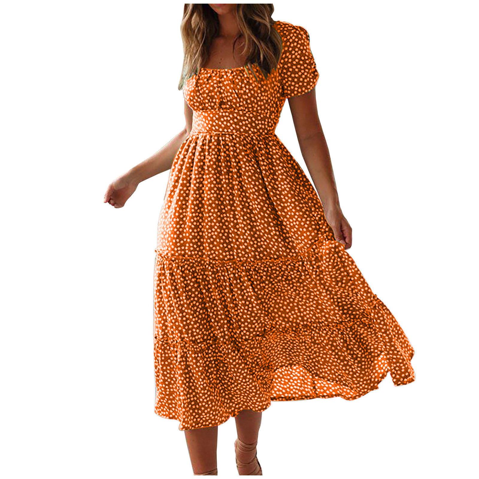 Spot European and American new AliExpress wish Amazon hot item square neck bubble sleeve floral dress long skirt blue S