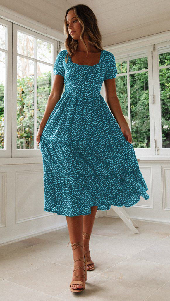 Spot European and American new AliExpress wish Amazon hot item square neck bubble sleeve floral dress long skirt blue S