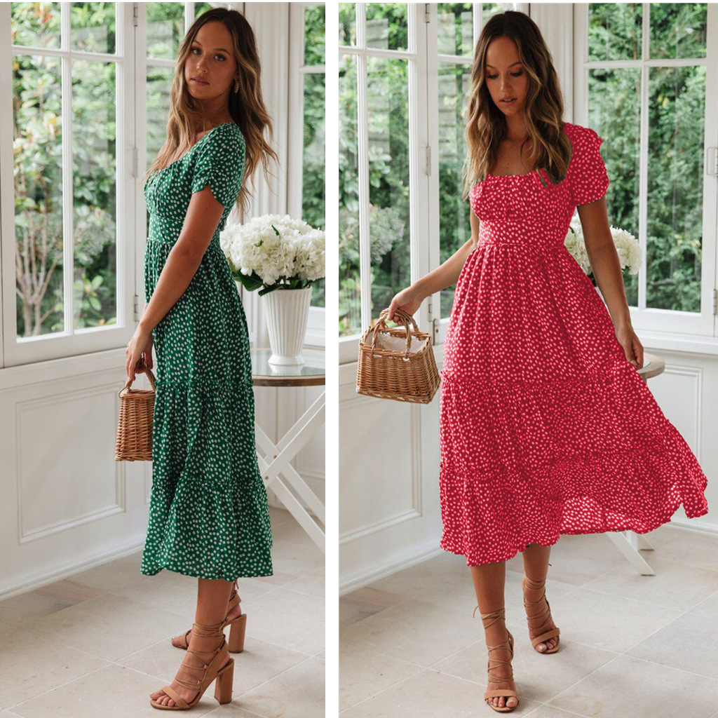 Spot European and American new AliExpress wish Amazon hot item square neck bubble sleeve floral dress long skirt blue S