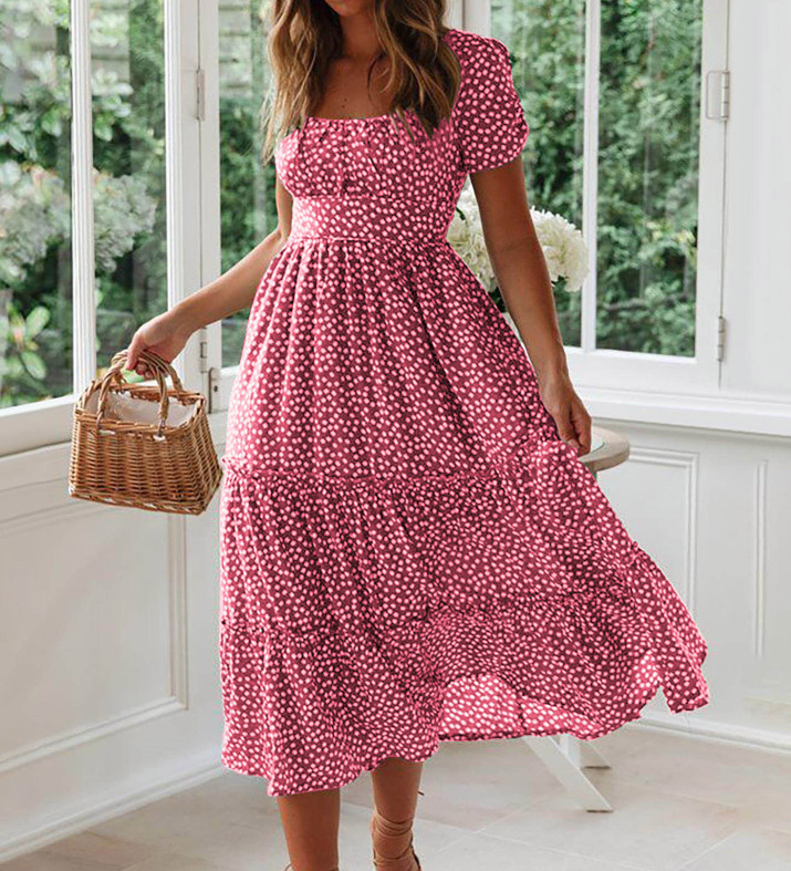 Spot European and American new AliExpress wish Amazon hot item square neck bubble sleeve floral dress long skirt blue S