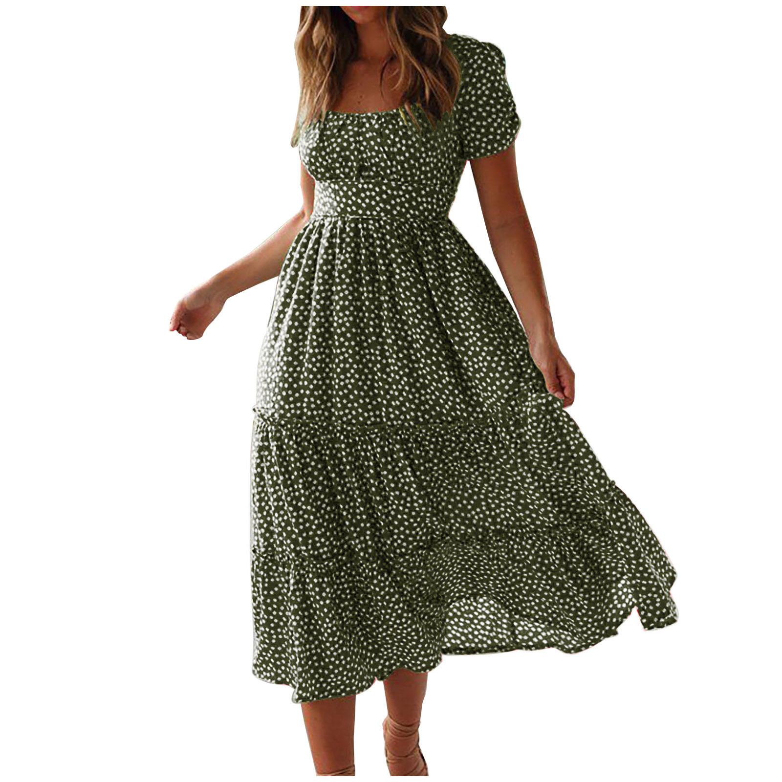 Spot European and American new AliExpress wish Amazon hot item square neck bubble sleeve floral dress long skirt blue S