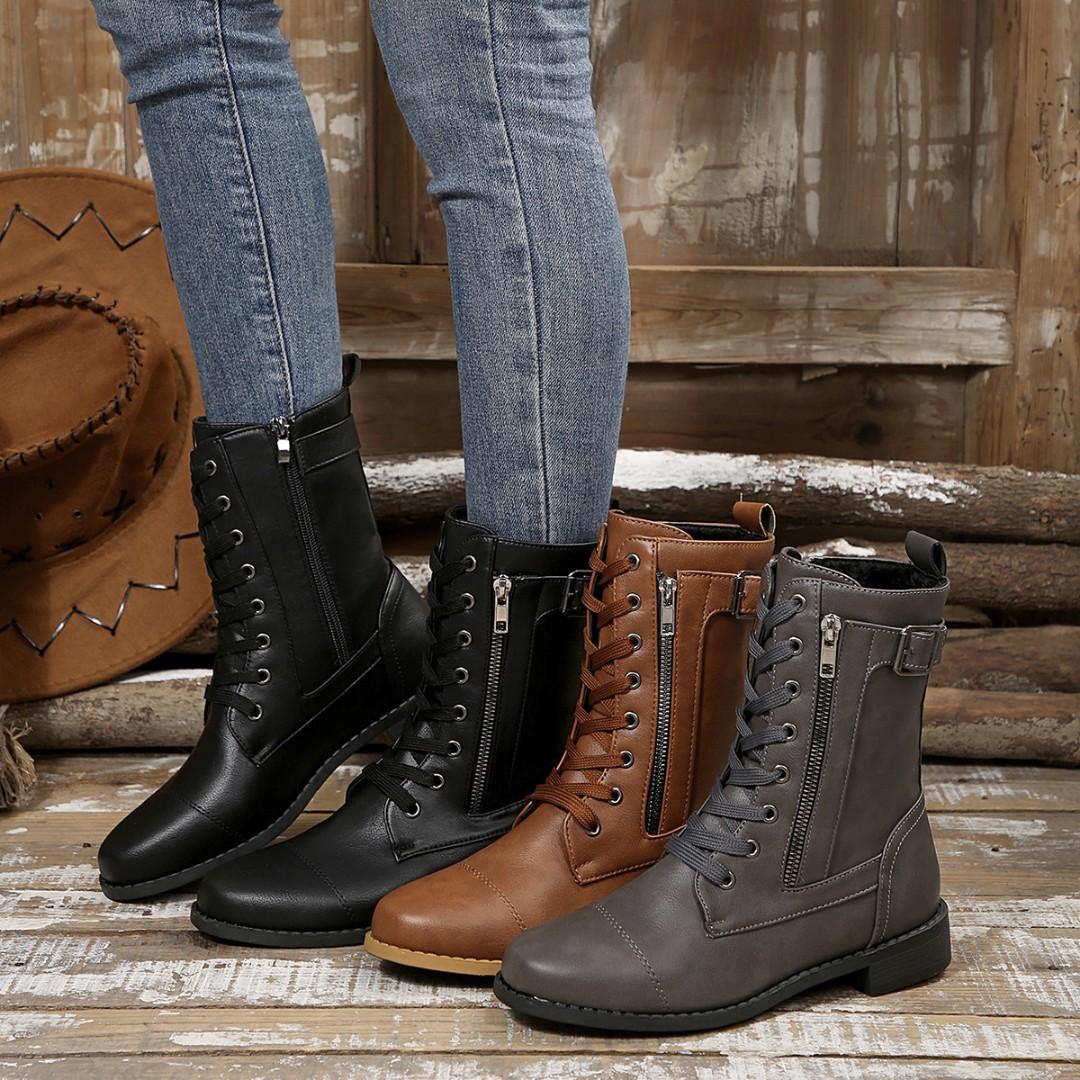 Quality  Ladies low-heel casual long women's boots plus cotton warm zipper round-toe winter shoes motorcycle boots 2021 new Ladies low-heel casual long women's boots plus cotton warm zipper round-toe