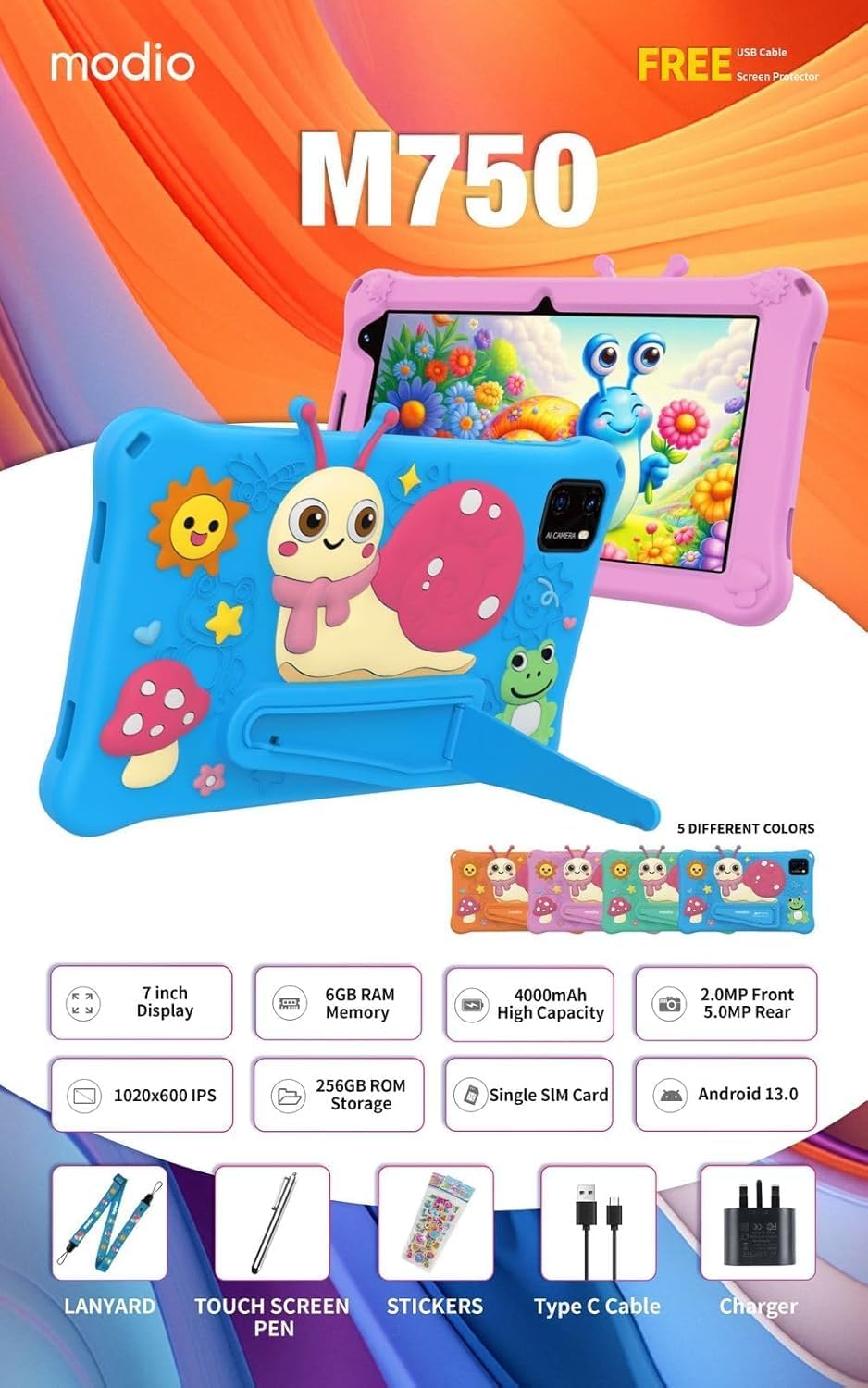 Modio M796"7-INCH DISPLAY 5G KIDS STUDY TABLET 6GB RAM + 256 GB ROM ,BATTERY 4000mAh SIM CARD ENABLED -WI-FI + WATCH