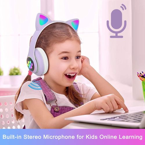 Fancy Wireless Headset Cat Ear 5.0 Bluetooth Headphones LED Flashing Light Sports And Leisure Earphones For Kids Gift - Purple