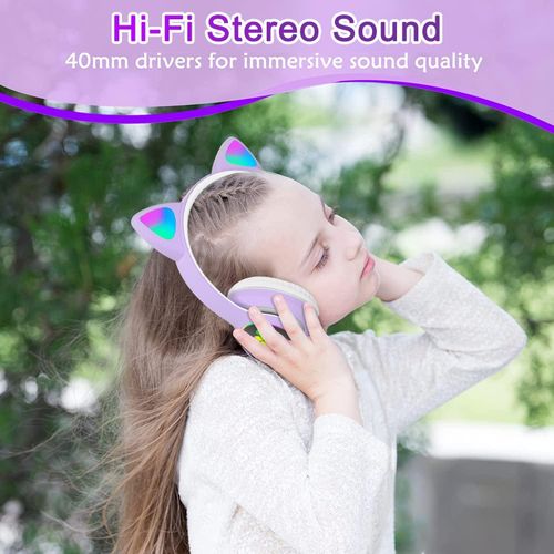 Fancy Wireless Headset Cat Ear 5.0 Bluetooth Headphones LED Flashing Light Sports And Leisure Earphones For Kids Gift - Purple