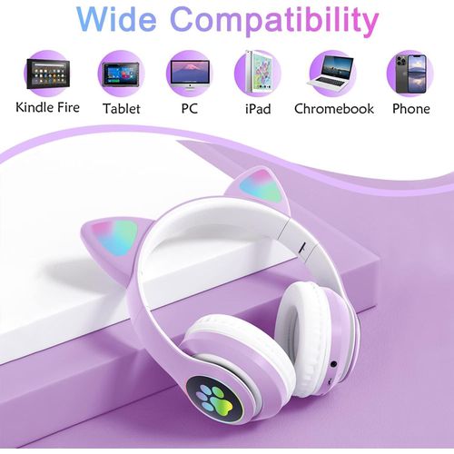 Fancy Wireless Headset Cat Ear 5.0 Bluetooth Headphones LED Flashing Light Sports And Leisure Earphones For Kids Gift - Purple