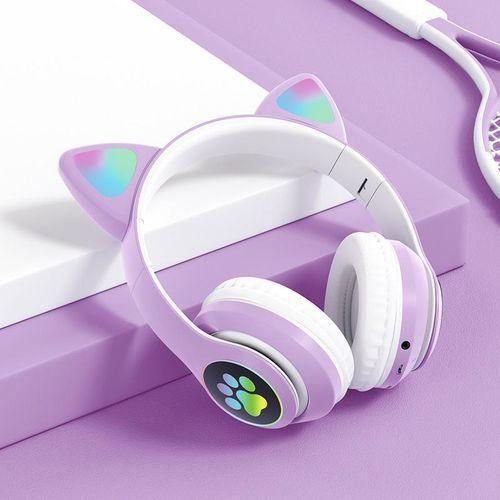 Fancy Wireless Headset Cat Ear 5.0 Bluetooth Headphones LED Flashing Light Sports And Leisure Earphones For Kids Gift - Purple