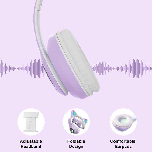 Fancy Wireless Headset Cat Ear 5.0 Bluetooth Headphones LED Flashing Light Sports And Leisure Earphones For Kids Gift - Purple