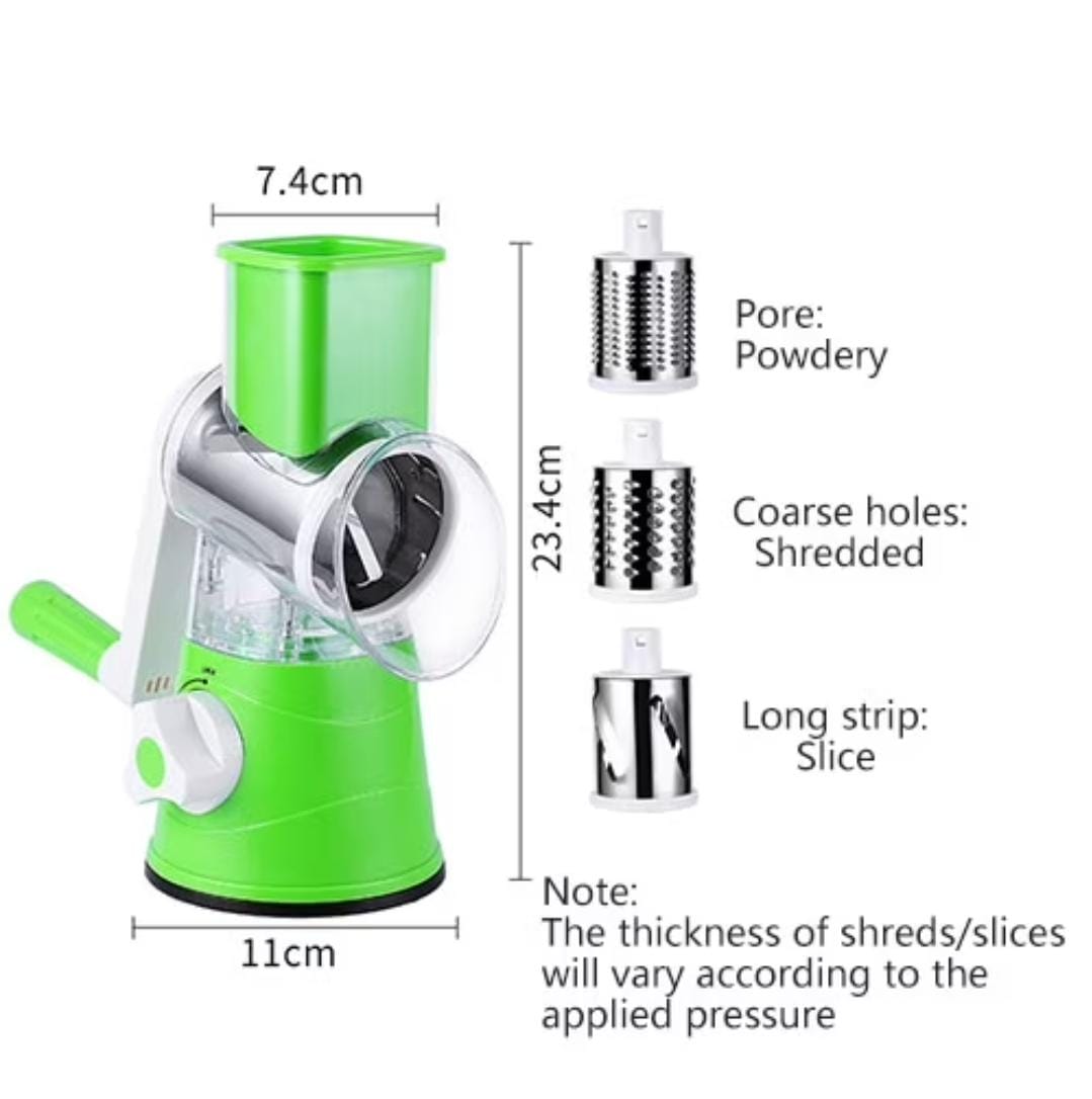 Rotary Drum Grater Vegetable and Cheese Slicer – 3 Interchangeable Blades, Manual Hand Crank, Strong Suction Base, Multifunctional Food Chopper for Veggies, Cheese, Nuts