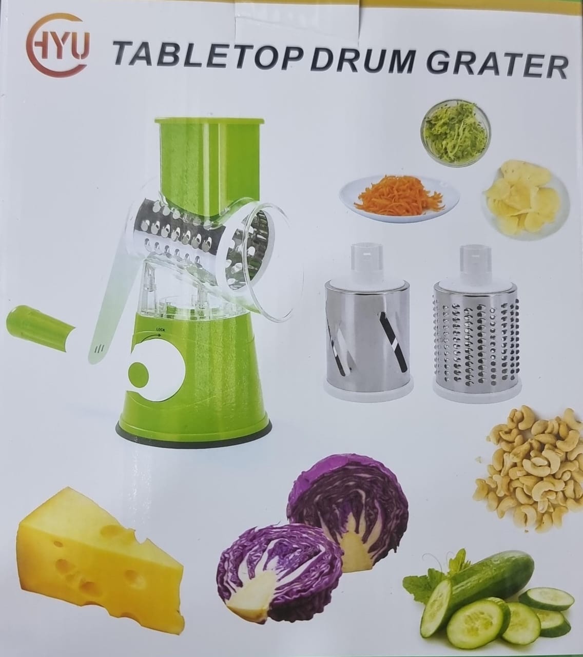 Rotary Drum Grater Vegetable and Cheese Slicer – 3 Interchangeable Blades, Manual Hand Crank, Strong Suction Base, Multifunctional Food Chopper for Veggies, Cheese, Nuts
