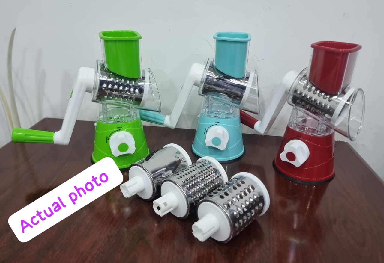 Rotary Drum Grater Vegetable and Cheese Slicer – 3 Interchangeable Blades, Manual Hand Crank, Strong Suction Base, Multifunctional Food Chopper for Veggies, Cheese, Nuts