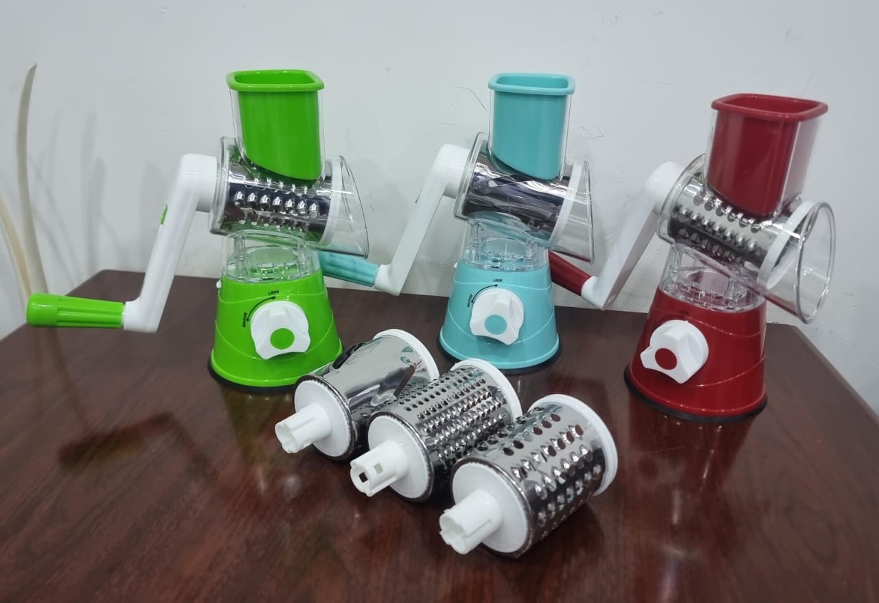 Rotary Drum Grater Vegetable and Cheese Slicer – 3 Interchangeable Blades, Manual Hand Crank, Strong Suction Base, Multifunctional Food Chopper for Veggies, Cheese, Nuts