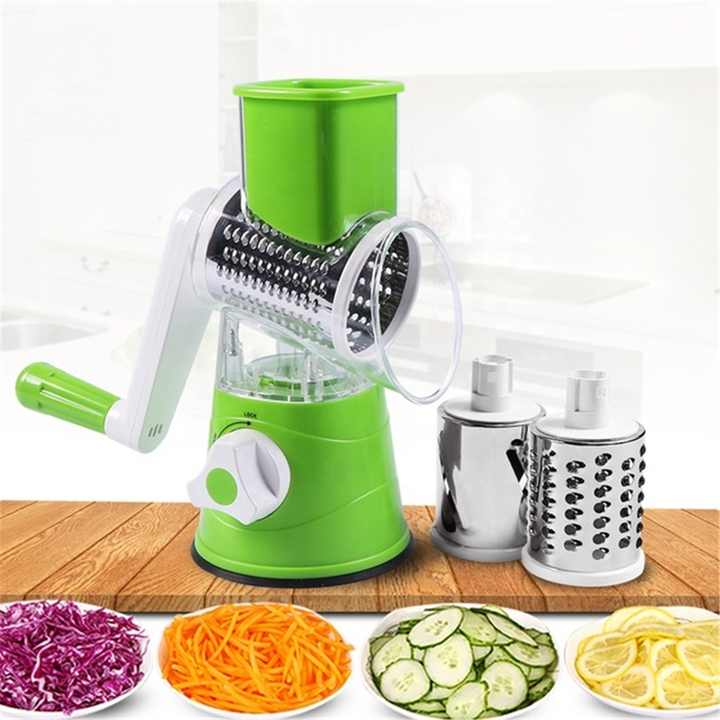 Rotary Drum Grater Vegetable and Cheese Slicer – 3 Interchangeable Blades, Manual Hand Crank, Strong Suction Base, Multifunctional Food Chopper for Veggies, Cheese, Nuts