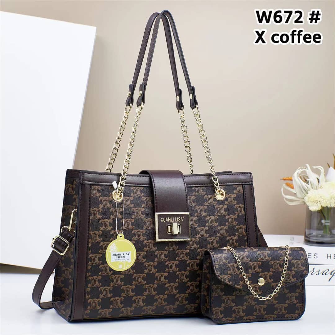 NEW ARRIVALS. Luxury Women’s Handbag Set 2PCS – Elegant Tote Bag with Matching Crossbody Purse, Chain Strap Shoulder Bag (Coffee Brown)