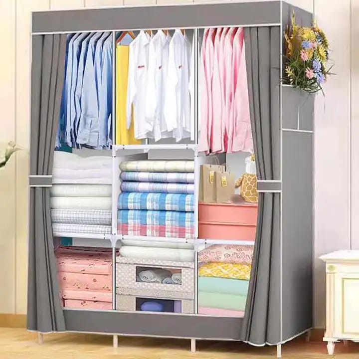 [Gift] Jaza Keja 105cm Portable 3 Columns Wardrobe Closet Clothes Metallic Organizer Non-Woven Fabric Cover with 6 Storage Shelves 2 Hanging Sections