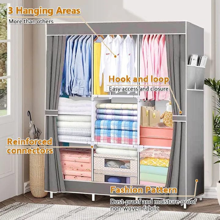 [Gift] Jaza Keja 105cm Portable 3 Columns Wardrobe Closet Clothes Metallic Organizer Non-Woven Fabric Cover with 6 Storage Shelves 2 Hanging Sections
