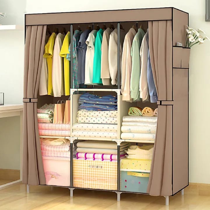 [Gift] Jaza Keja 105cm Portable 3 Columns Wardrobe Closet Clothes Metallic Organizer Non-Woven Fabric Cover with 6 Storage Shelves 2 Hanging Sections
