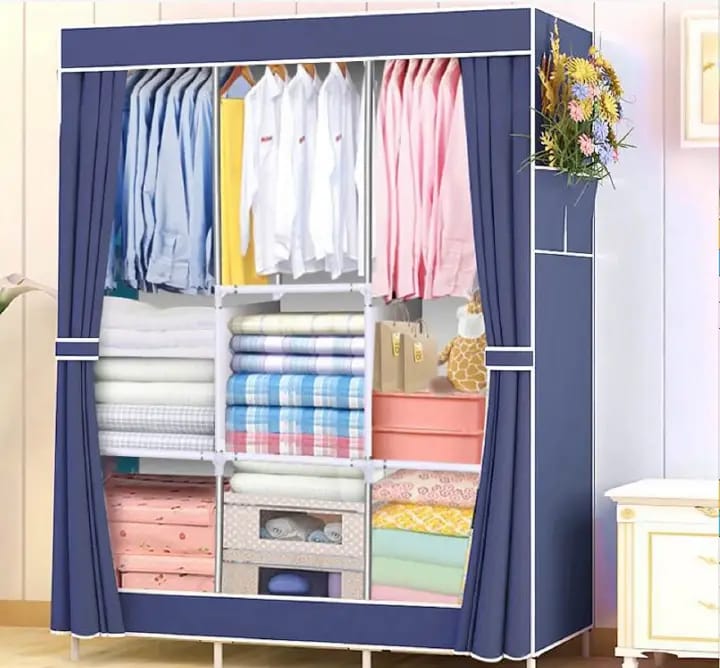 [Gift] Jaza Keja 105cm Portable 3 Columns Wardrobe Closet Clothes Metallic Organizer Non-Woven Fabric Cover with 6 Storage Shelves 2 Hanging Sections