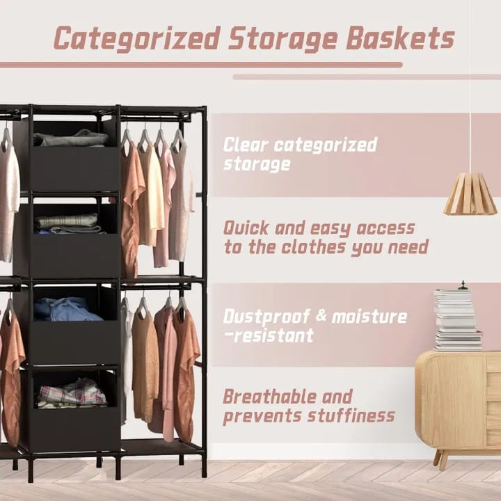 [New]Jaza Keja 16mm 3 Columns Portable Closet Easy Assembly Heavy Duty Large Capacity Wardrobe Closet Sturdy Stable Clothes Rack with Shelves 4 Storage Baskets 2 Hanging Rods for Bedroom Cloakroom