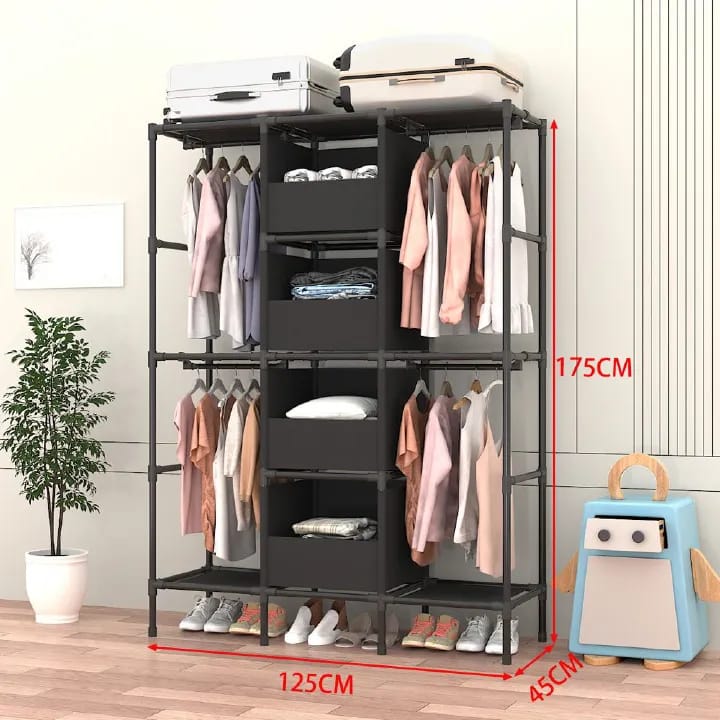 [New]Jaza Keja 16mm 3 Columns Portable Closet Easy Assembly Heavy Duty Large Capacity Wardrobe Closet Sturdy Stable Clothes Rack with Shelves 4 Storage Baskets 2 Hanging Rods for Bedroom Cloakroom