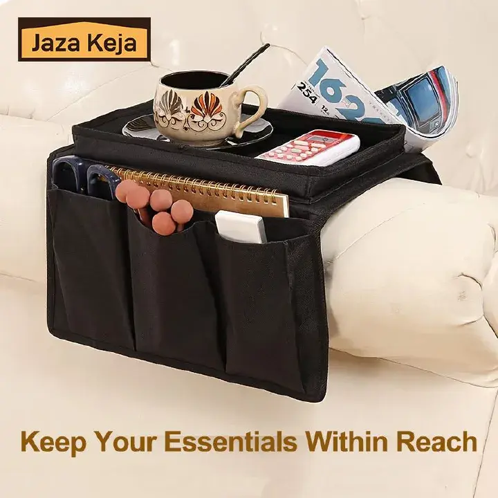 Jaza Keja Contemporary Sofa Armrest Oxford Organizer with Cup Holder Tray Bedside Hanging Bag Suitable for TV Remote Snacks Armchair Caddy Bedside Storage