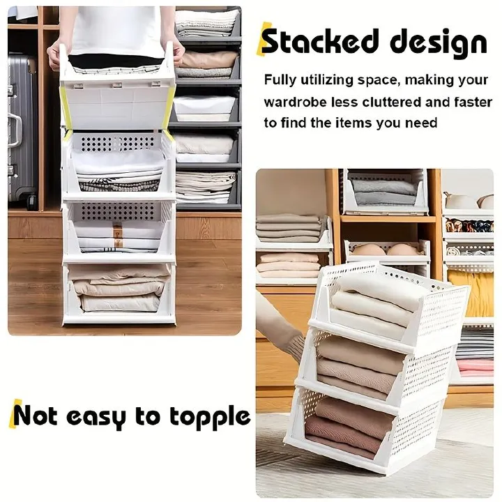 [Limited Offer]Jaza Keja 1PC Stackable Plastic Closet Organizer Box with Sliding Drawers Bins Foldable Storage Basket for Wardrobe Cupboard Kitchen Bathroom Office